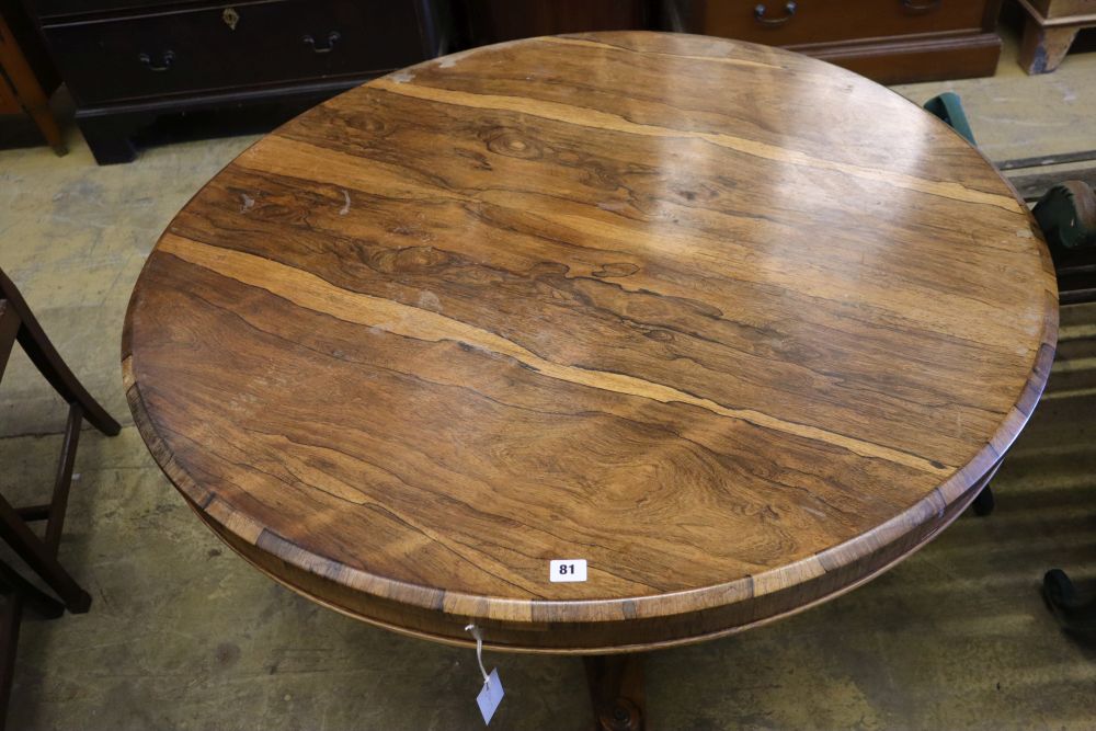 A Victorian rosewood circular topped breakfast table, diameter 113cm height 73cm